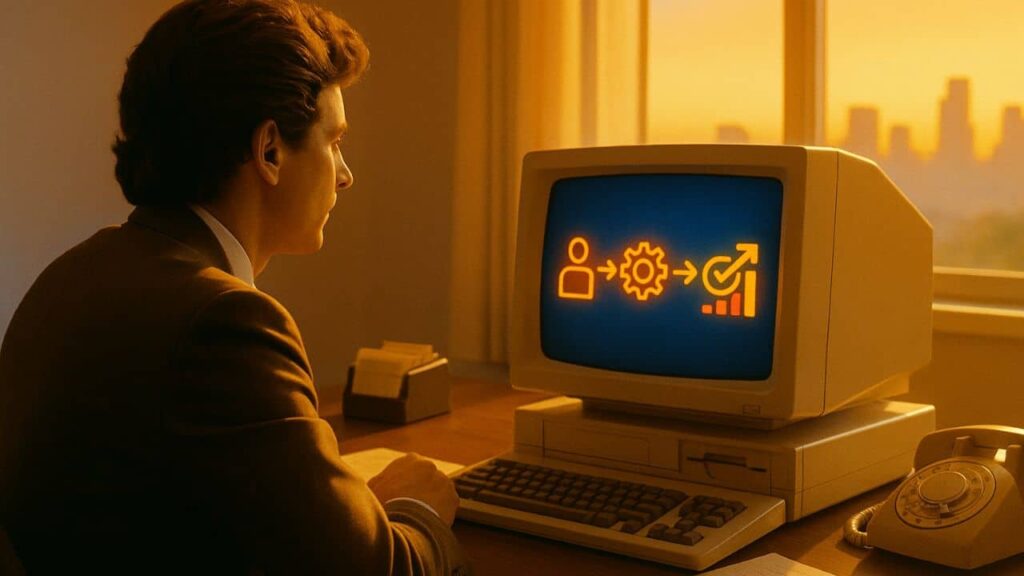 Ein Geschäftsmann im 1980er-Jahre-Stil sitzt an einem Schreibtisch und betrachtet auf einem CRT-Monitor eine helle Prozessgrafik mit Symbolen für Zusammenarbeit und Effizienz.
