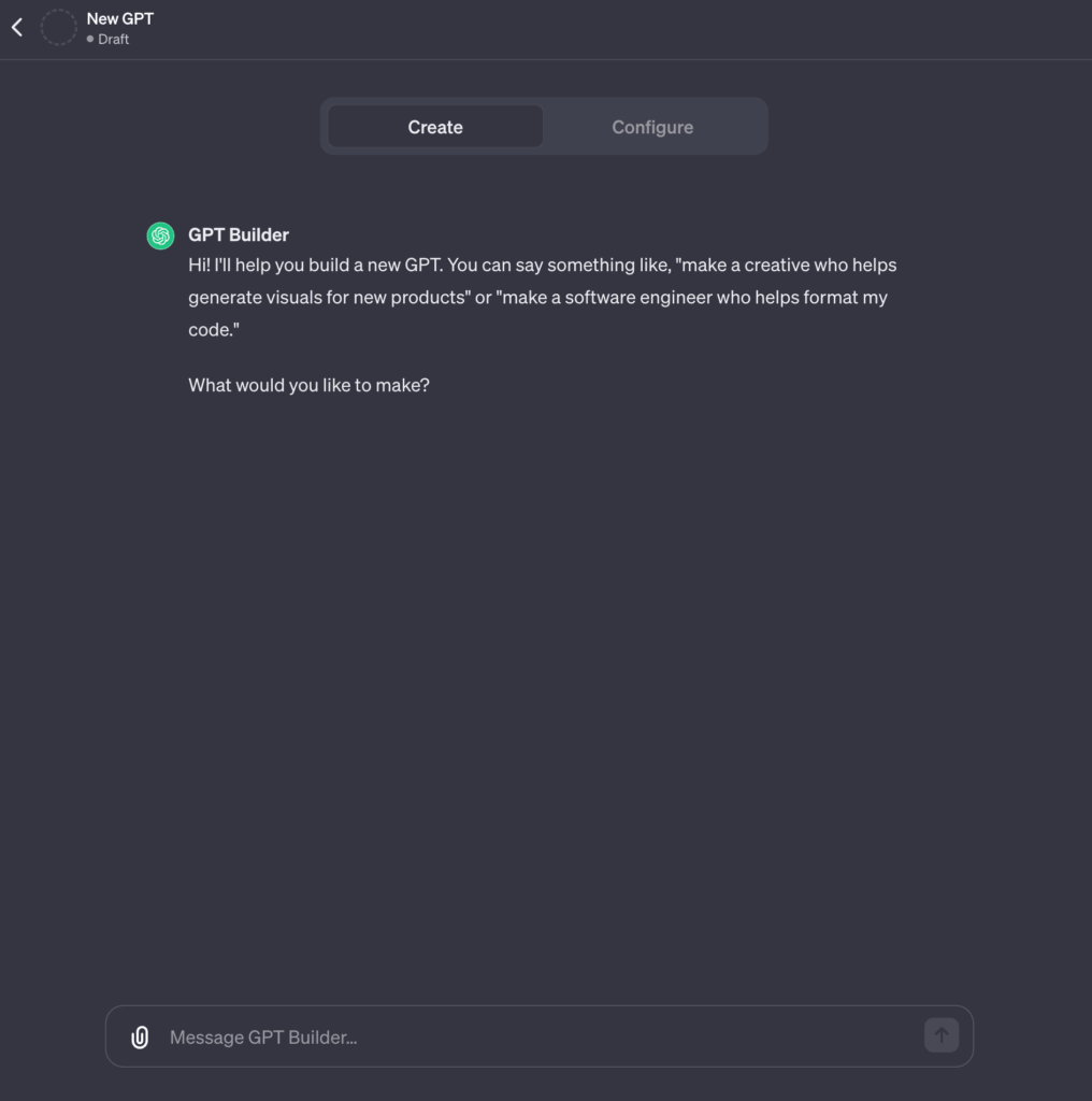 Der GPT Builder erleichtert die Erstellung deines individuellen GPT. Nach jeder Eingabe fügt der Builder Informationen hinzu.