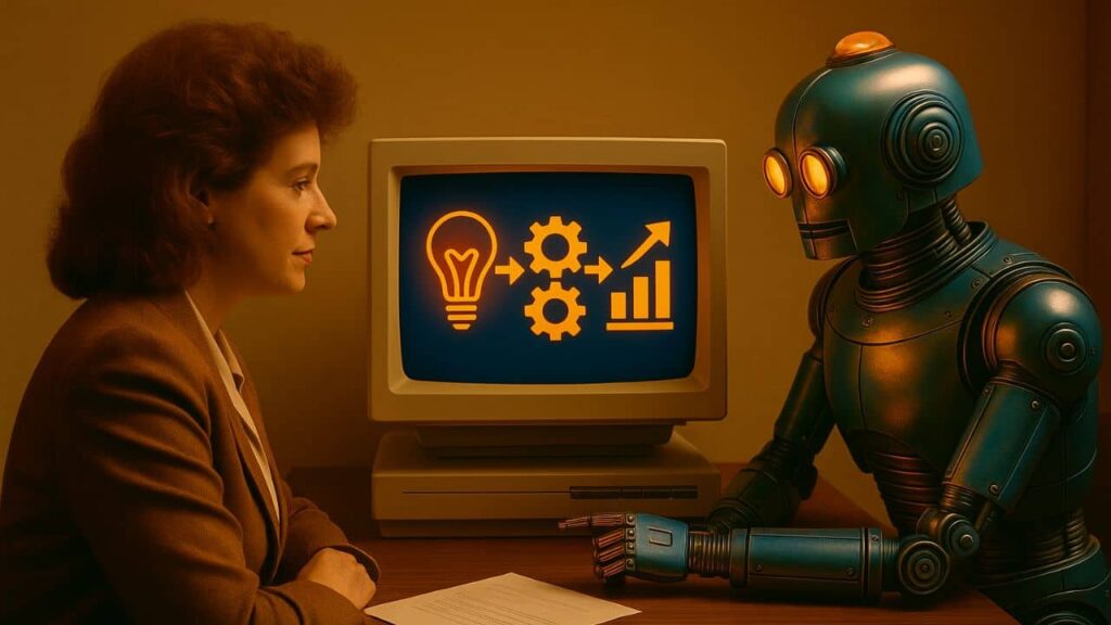 Eine Geschäftsfrau im 1980er-Jahre-Business-Stil sitzt an einem Schreibtisch neben einem Retro-Roboter. Beide betrachten einen CRT-Monitor mit Symbolen für Kreativität und Effizienz.