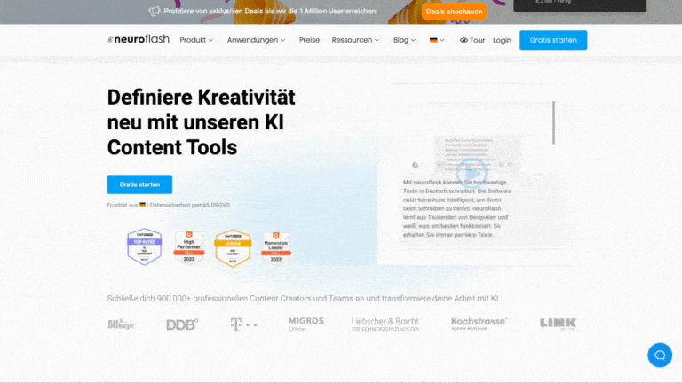 Video zeigt die Benutzeroberfläche von Neuroflash. Das Textgenerator-Tool mit verschiedenen Vorlagenoptionen für die Texterstellung.