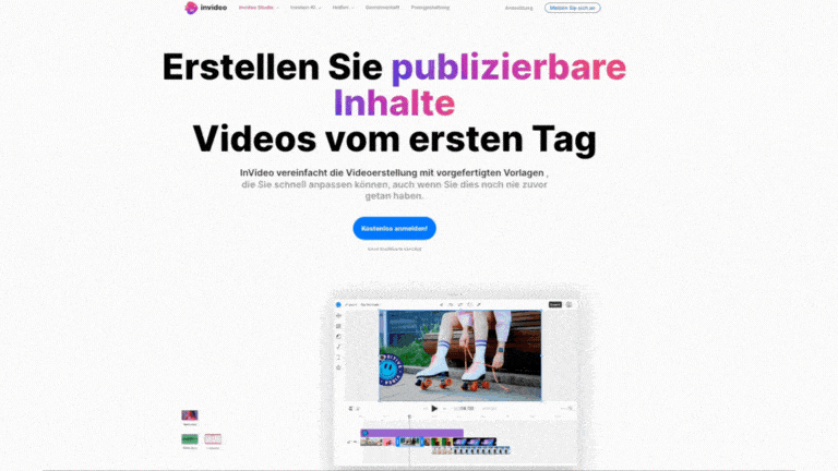 GIF zeigt InVideo's Bearbeitungsoberfläche mit Vorlagen und Werkzeugen zur Videogestaltung.
