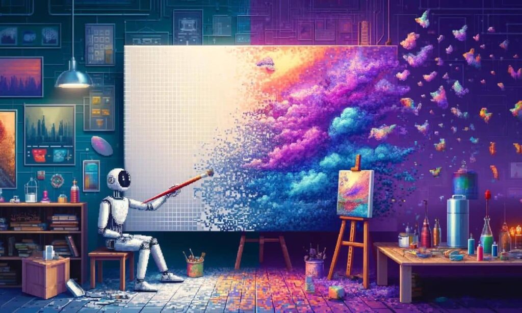 GPT
Ein Roboter sitzt in einem künstlerisch eingerichteten Atelier und malt mit einem langen Pinsel ein farbenfrohes Pixelkunstwerk, das von einer weißen Leinwand auf die umgebende Luft überzugehen scheint. Das Atelier ist reich gefüllt mit Büchern, Farbtöpfen, einer Staffelei mit einem kleineren Bild und Werkzeugen eines Künstlers. Schmetterlinge fliegen um das Kunstwerk herum und fügen der Szene, in der künstliche Intelligenz auf traditionelle Kunst trifft, eine lebendige Dimension hinzu.