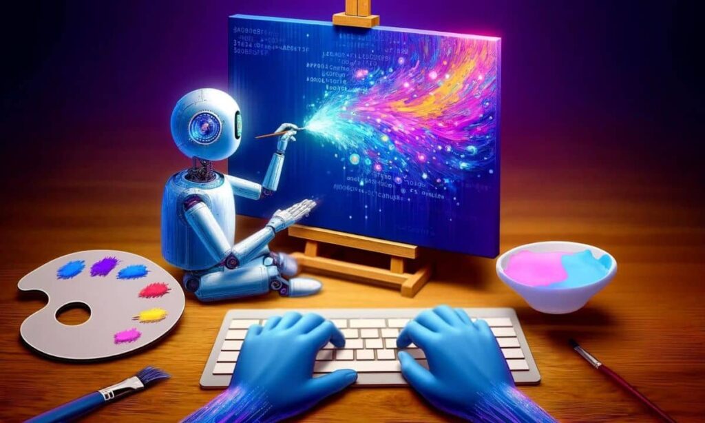 Ein Roboter malt konzentriert an einer virtuellen Leinwand, die eine sprudelnde Galaxie zeigt, und scheint bereit zu sein, auf Benutzeranweisungen für seine nächste künstlerische Aktion zu warten. Umgeben von traditionellen Malutensilien wie Pinseln und einer Farbpalette, neben einer Tastatur und einer Schale mit schimmerndem Farbstoff, ist die Szene eine Symbiose aus klassischer Kunst und moderner Technik. Das Ambiente ist durch warmes Licht geprägt, welches die Antizipation für die nächste Schaffensphase unterstreicht.