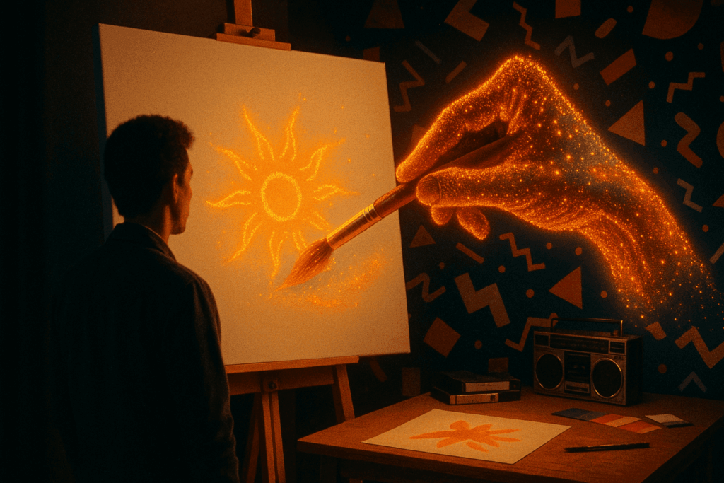 Retro-1980er-Szene: Ein Mann betrachtet eine Leinwand, während eine leuchtende, abstrakte Hand aus Lichtpartikeln mit einem Pinsel ein Bild malt, im Memphis-Raum mit Boombox und VHS. _KI-Café