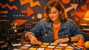 Ein kreatives Studio-Setup mit Polaroid-Kamera, VHS-Kassetten und geometrischen Requisiten; eine Frau mit Jeansjacke ordnet Karten (Prompt-Bausteine) und lernt Prompt-Engineering