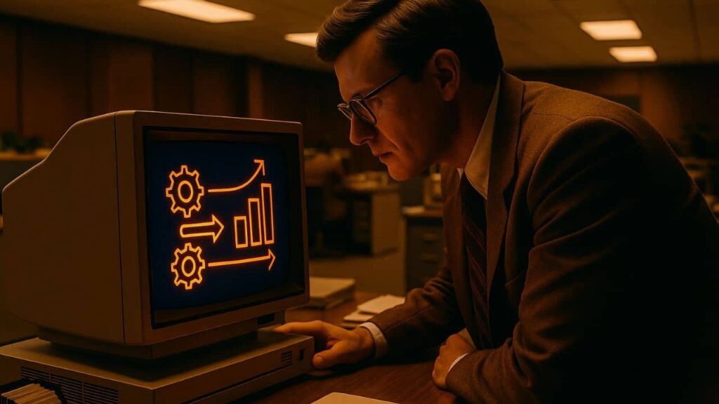 Ein Manager im 1980er-Jahre-Büro betrachtet auf einem Röhrenmonitor ein leuchtendes Diagramm mit Zahnrädern, Pfeilen und einem Balkendiagramm, das Effizienz und Fortschritt symbolisiert.
