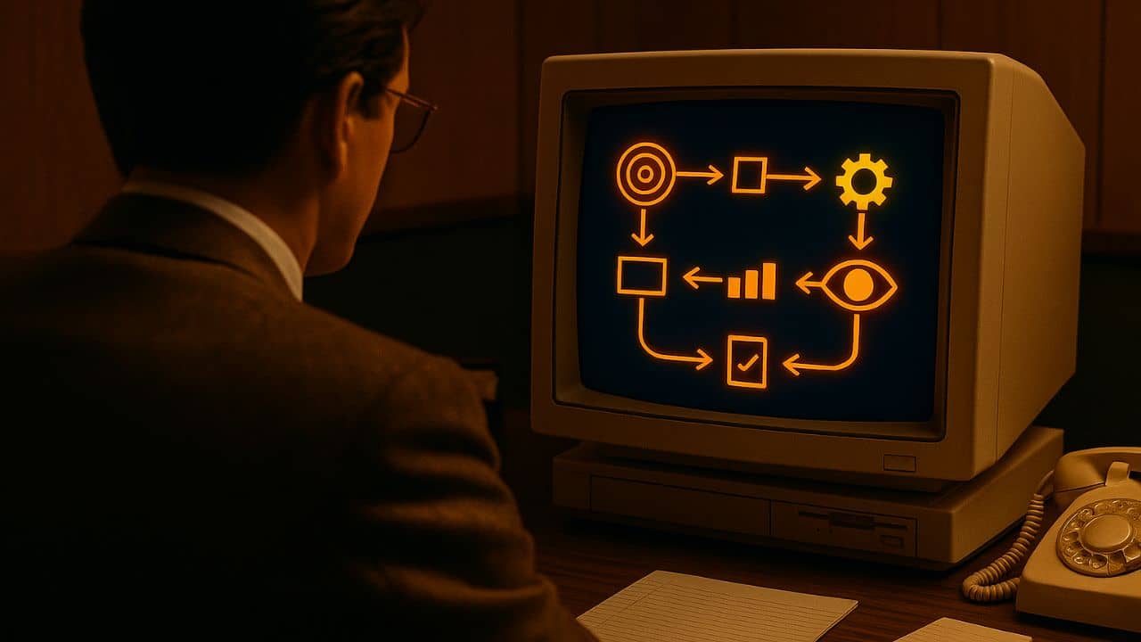 Ein Geschäftsmann im 1980er-Jahre-Stil betrachtet auf einem Röhrenmonitor eine leuchtende Prozesskette aus Symbolen und Pfeilen.