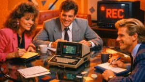 Ein 80er-Jahre-Konferenzraum im Memphis-Stil – bunte Muster auf Teppich und Wänden, ein rechteckiger Glastisch, ein klobiger Röhrenmonitor zeigt ein pixeliges „REC“-Symbol. Drei Personen mit Schulterpolstern, Fönfrisuren und Notizblöcken, aber in der Mitte ein kleiner 80s-Laptop. Alle schauen motiviert, der Raum leuchtet in Orange.