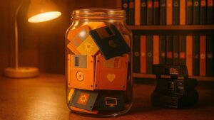 Ein Glas mit bunten Disketten, versehen mit Symbolen für Daten, Automatisierung und Technologie – Sinnbild für die über 150 KI-Anwendungsbereiche aus dem KI-Café.