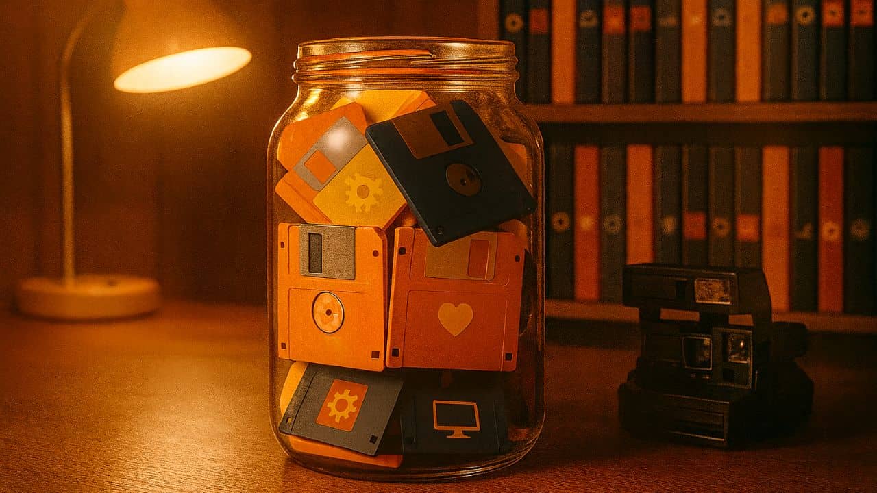 Ein Glas mit bunten Disketten, versehen mit Symbolen für Daten, Automatisierung und Technologie – Sinnbild für die über 150 KI-Anwendungsbereiche aus dem KI-Café.