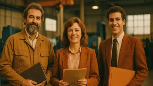 Drei Unternehmer im Business-Umfeld symbolisieren den deutschen Mittelstand, der durch KI-Lösungen Effizienz steigert und neue Chancen für Wachstum erschließt.