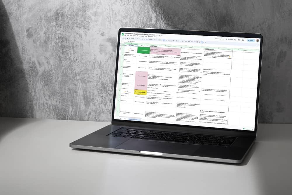 Prompt-Vorlage: ChatGPT Content Sheet. Vorlage im Mac angezeigt mit einer Tabelle