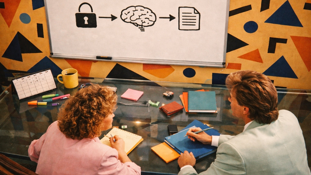 Ein Glastisch mit Retro-Büroartikeln (Neonmarker, Faltkalender, Notizblöcke), zwei Personen mit 80s-Frisuren (Big Hair, Föhnfrisur) schauen auf ein Whiteboard. Die Memphis-Tapete sorgt für visuelle Spannung. Stil: Fokus auf Design-Details, viele authentische 80s-Requisiten im Bild.