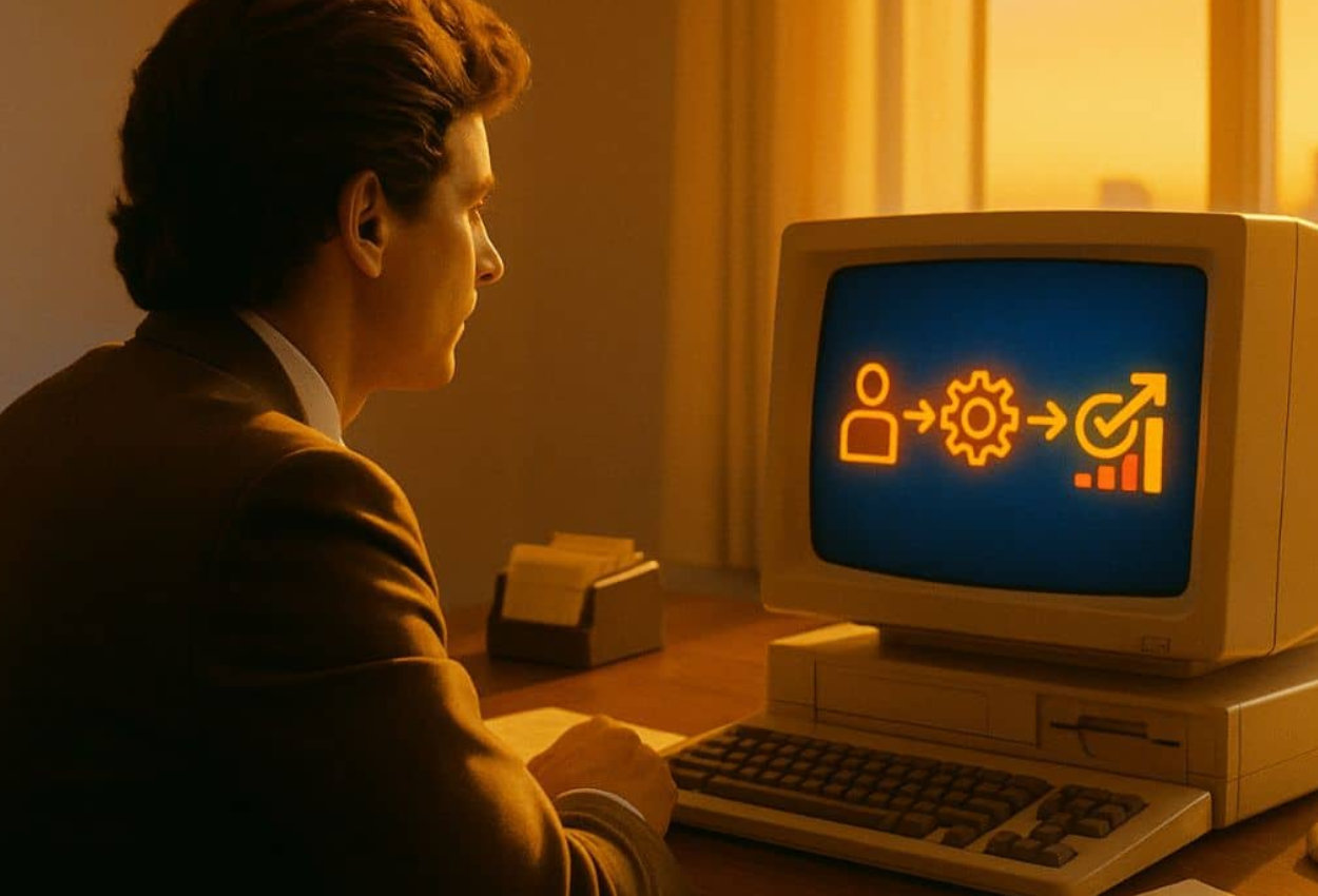 Mann sitzt vor einem PC mit Retro Vibes und erstellt einen CustomGPT.