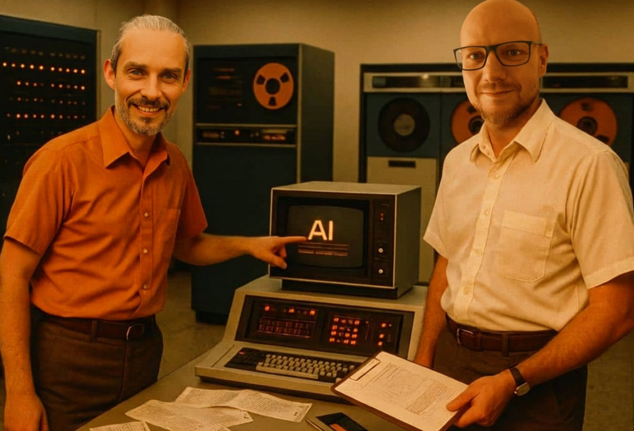 Christian Kleemann und Dirk Kuga als Retro Mitarbeiter stehen in einem Serverraum